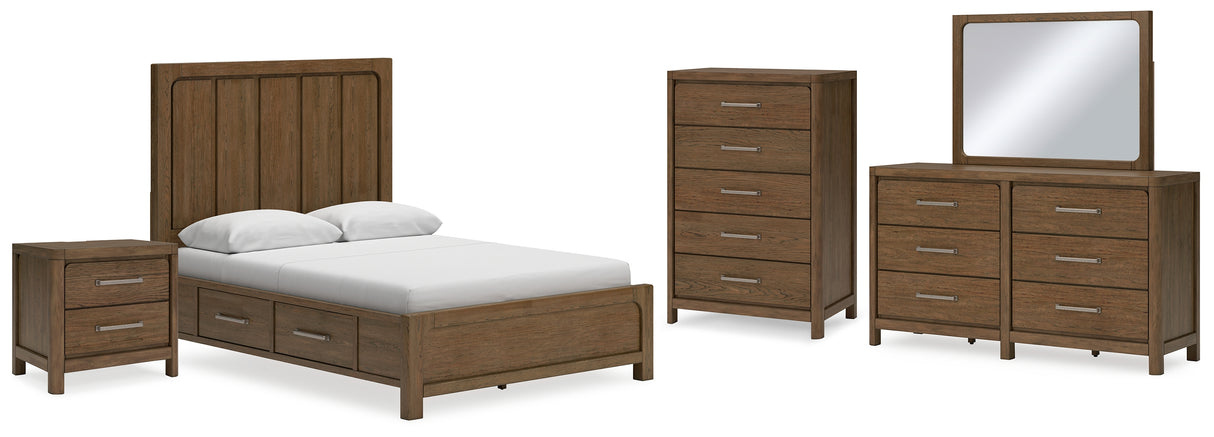 Cabalynn Queen Panel Bed with Storage with Mirrored Dresser, Chest and Nightstand in Light Brown - PKG015727