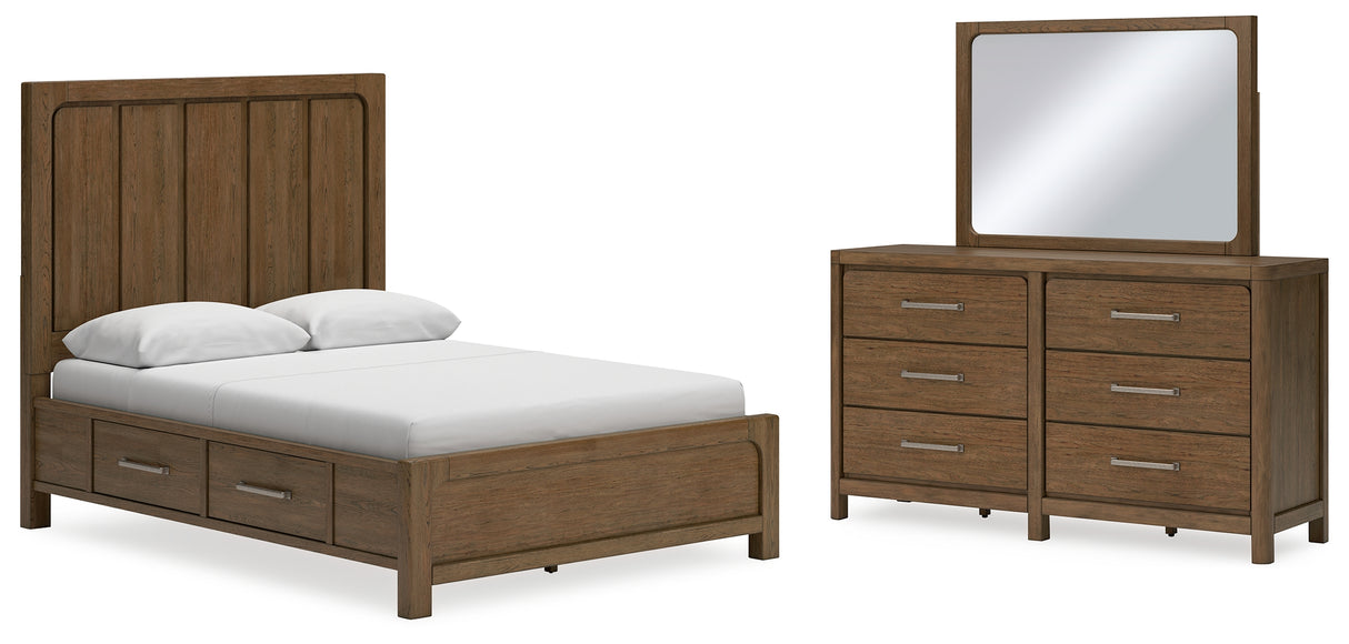 Cabalynn Queen Panel Bed with Storage with Mirrored Dresser in Light Brown - PKG015722