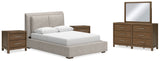 Cabalynn Queen Upholstered Bed with Mirrored Dresser and 2 Nightstands in Light Brown - PKG015717