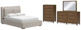 Cabalynn Queen Upholstered Bed with Mirrored Dresser and Chest in Light Brown - PKG015720