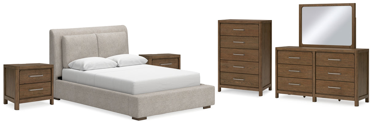 Cabalynn Queen Upholstered Bed with Mirrored Dresser, Chest and 2 Nightstands in Light Brown - PKG015718