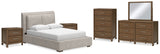 Cabalynn Queen Upholstered Bed with Mirrored Dresser, Chest and 2 Nightstands in Light Brown - PKG015718