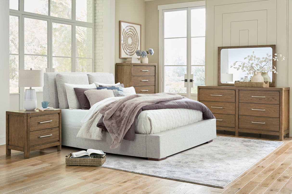 Cabalynn Queen Upholstered Bed with Mirrored Dresser, Chest and 2 Nightstands in Light Brown - PKG015718