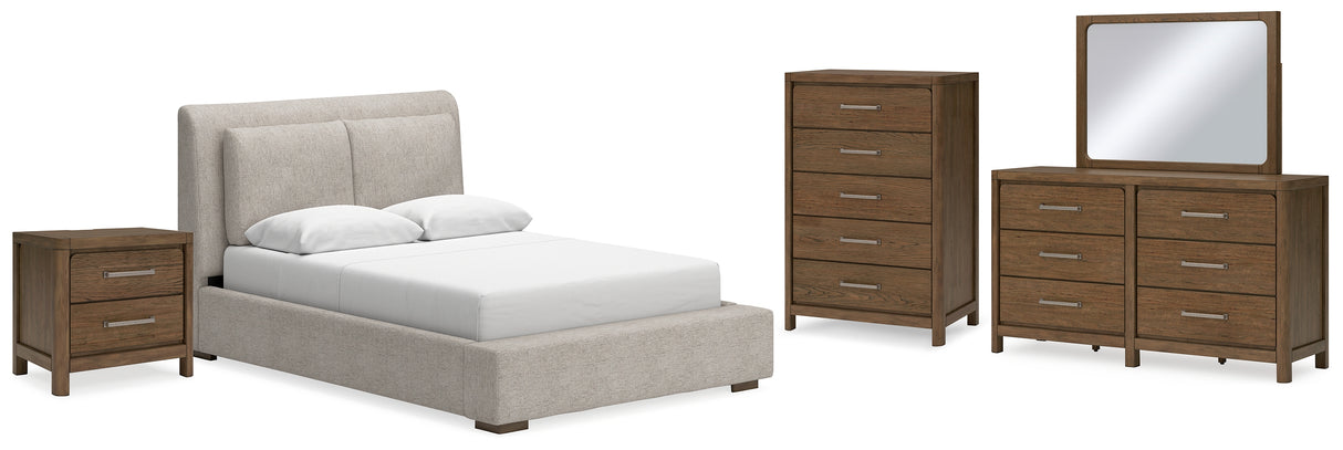 Cabalynn Queen Upholstered Bed with Mirrored Dresser, Chest and Nightstand in Light Brown - PKG015721