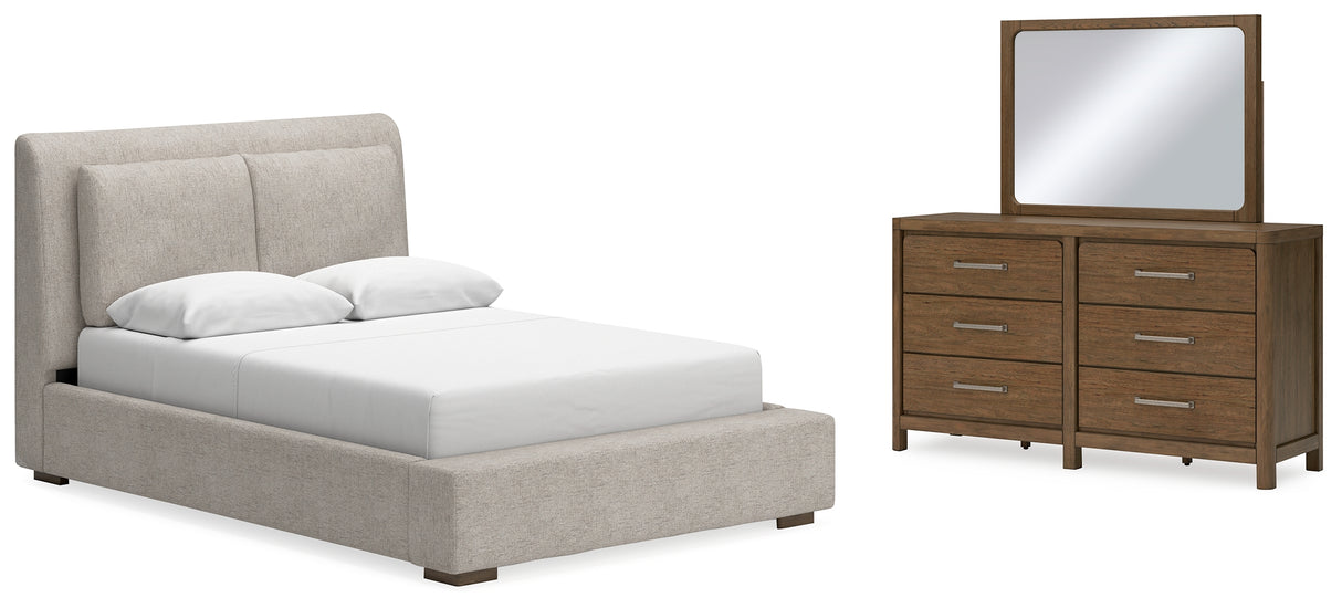 Cabalynn Queen Upholstered Bed with Mirrored Dresser in Light Brown from Ashley - Luna Furniture