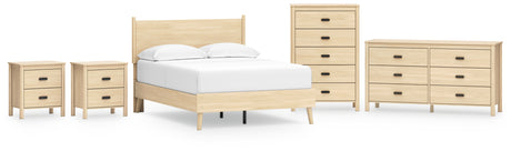 Cabinella Full Platform Panel Bed with Dresser, Chest and 2 Nightstands in Tan - PKG017229