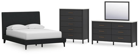 Cadmori Full Upholstered Bed with Mirrored Dresser and Chest in Black from Ashley - Luna Furniture