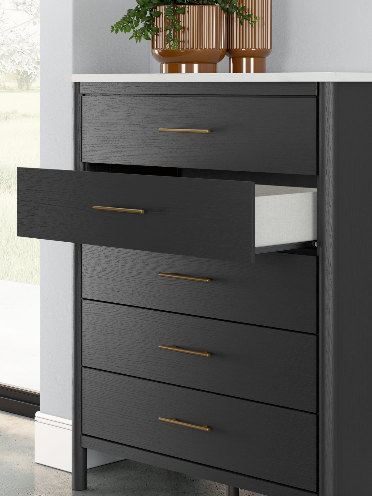 Cadmori Full Upholstered Bed with Mirrored Dresser and Chest in Black from Ashley - Luna Furniture