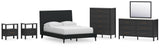 Cadmori Full Upholstered Bed with Mirrored Dresser, Chest and 2 Nightstands in Black from Ashley - Luna Furniture