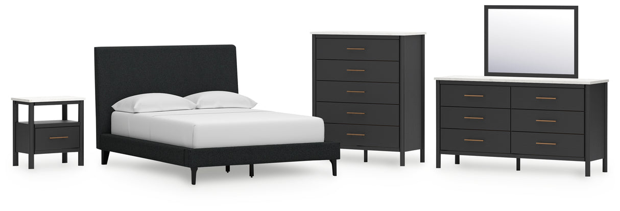 Cadmori Full Upholstered Bed with Mirrored Dresser, Chest and Nightstand in Black from Ashley - Luna Furniture