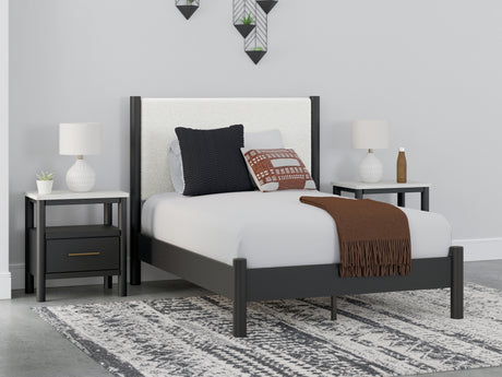 Cadmori Full Upholstered Panel Bed with 2 Nightstands in Black/White - PKG020274