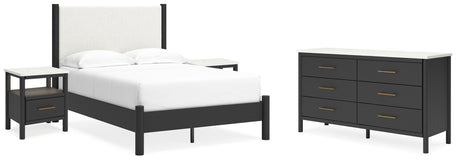 Cadmori Full Upholstered Panel Bed with Dresser and 2 Nightstands in Black/White - PKG020273