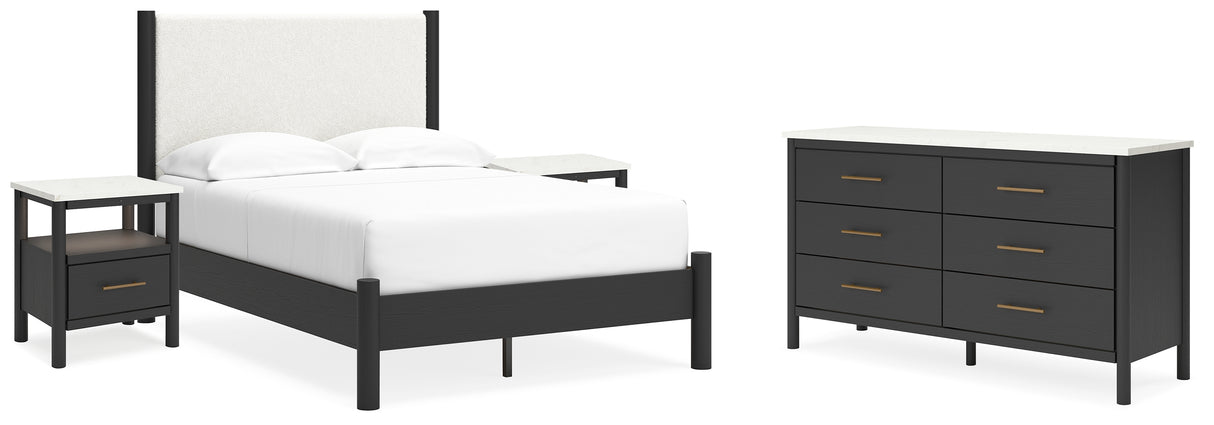 Cadmori Full Upholstered Panel Bed with Dresser and 2 Nightstands in Black/White from Ashley - Luna Furniture