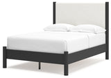 Cadmori Full Upholstered Panel Bed with Mirrored Dresser and 2 Nightstands in Black/White - PKG020267