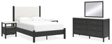 Cadmori Full Upholstered Panel Bed with Mirrored Dresser and 2 Nightstands in Black/White - PKG020267