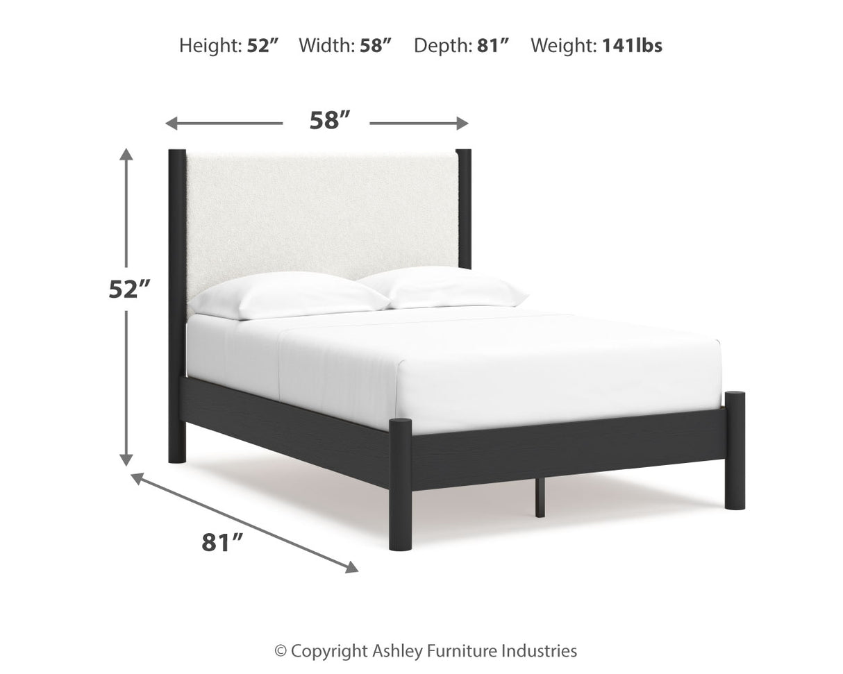 Cadmori Full Upholstered Panel Bed with Mirrored Dresser and 2 Nightstands in Black/White from Ashley - Luna Furniture