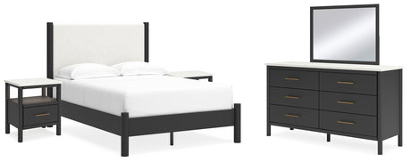 Cadmori Full Upholstered Panel Bed with Mirrored Dresser and 2 Nightstands in Black/White from Ashley - Luna Furniture