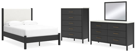 Cadmori Full Upholstered Panel Bed with Mirrored Dresser and Chest in Black/White - PKG020270