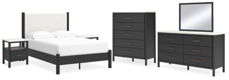 Cadmori Full Upholstered Panel Bed with Mirrored Dresser, Chest and 2 Nightstands in Black/White - PKG020268