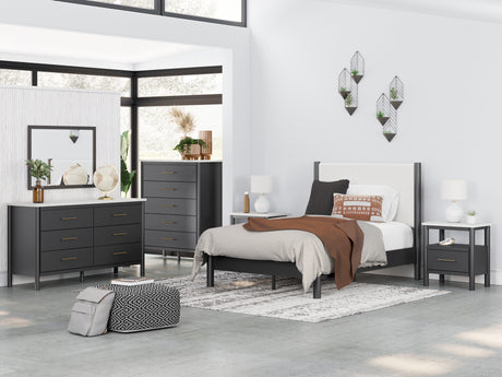 Cadmori Full Upholstered Panel Bed with Mirrored Dresser, Chest and 2 Nightstands in Black/White - PKG020268