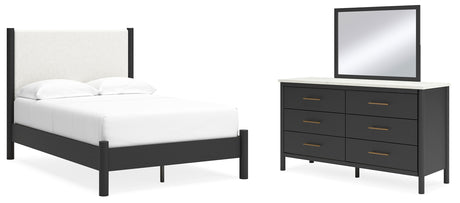 Cadmori Full Upholstered Panel Bed with Mirrored Dresser in Black/White from Ashley - Luna Furniture