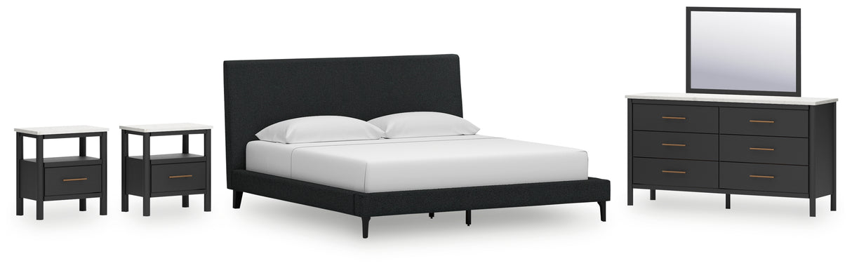 Cadmori King Upholstered Bed with Mirrored Dresser and 2 Nightstands in Black from Ashley - Luna Furniture