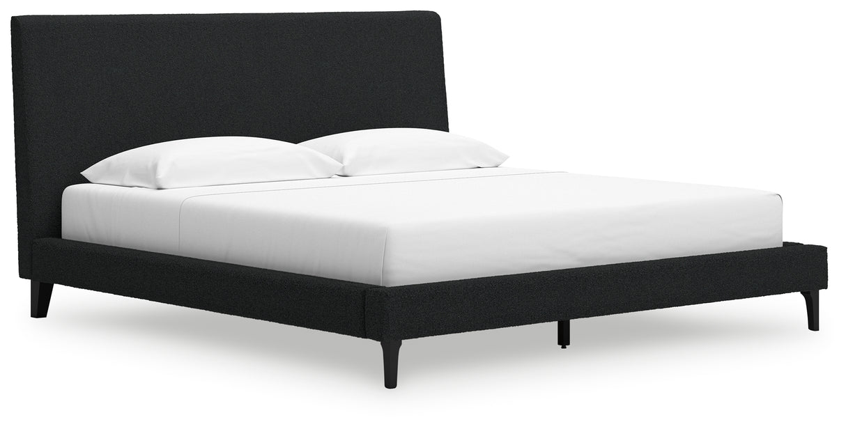 Cadmori King Upholstered Bed with Mirrored Dresser in Black - PKG020695