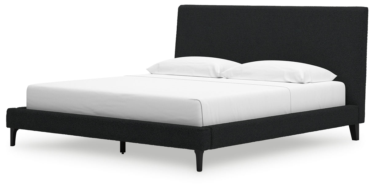 Cadmori King Upholstered Bed with Mirrored Dresser in Black - PKG020695