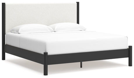 Cadmori King Upholstered Panel Bed with 2 Nightstands in Black/White - PKG020283