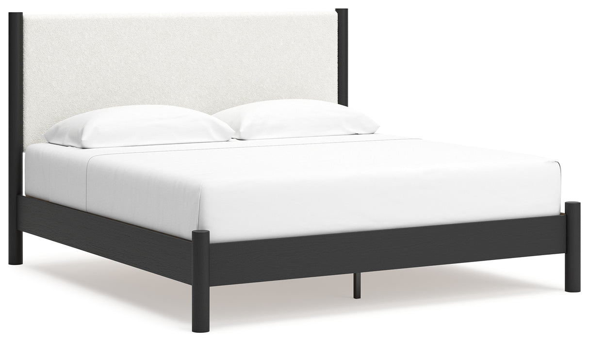 Cadmori King Upholstered Panel Bed with 2 Nightstands in Black/White from Ashley - Luna Furniture