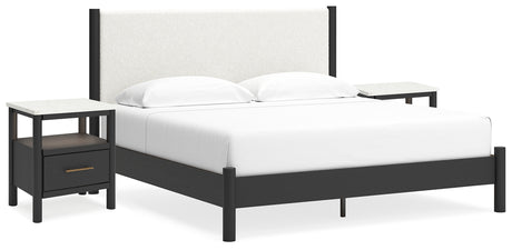 Cadmori King Upholstered Panel Bed with 2 Nightstands in Black/White - PKG020283