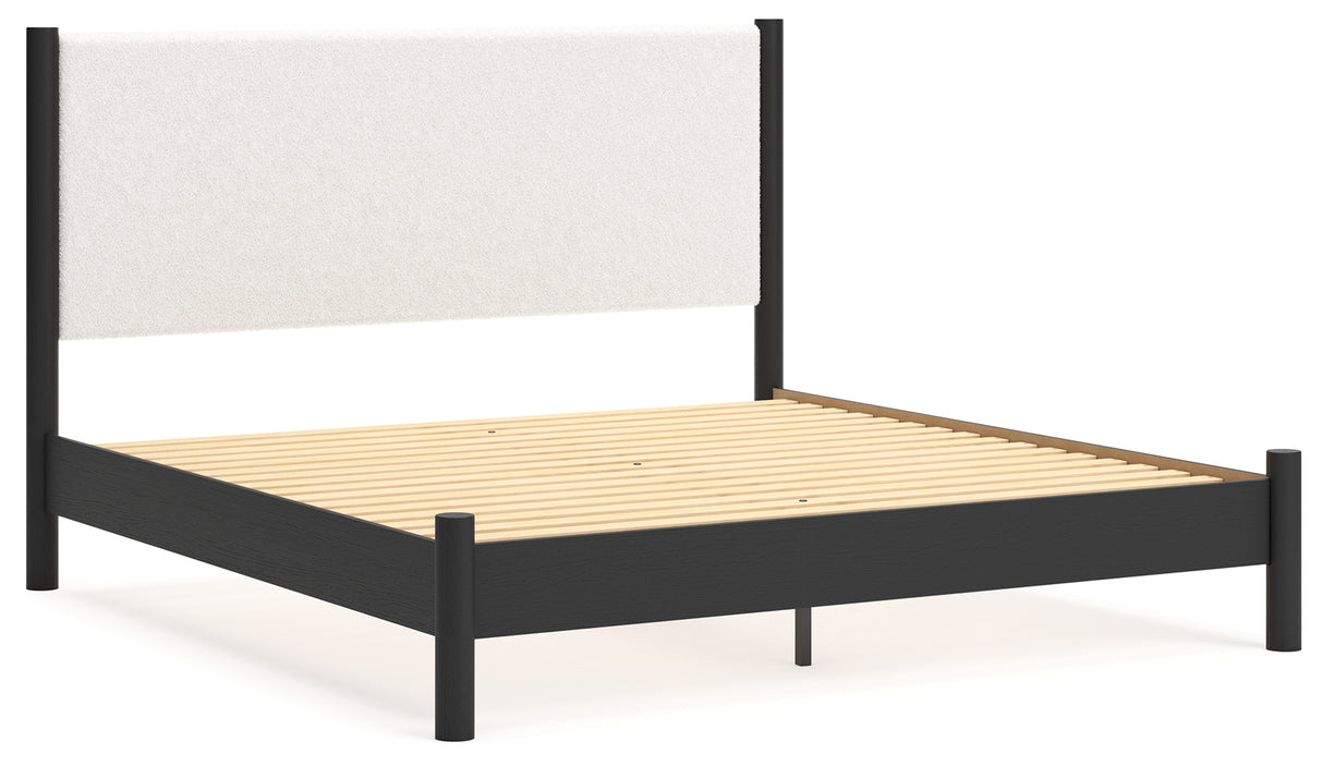 Cadmori King Upholstered Panel Bed with 2 Nightstands in Black/White from Ashley - Luna Furniture