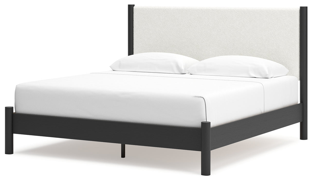 Cadmori King Upholstered Panel Bed with 2 Nightstands in Black/White from Ashley - Luna Furniture