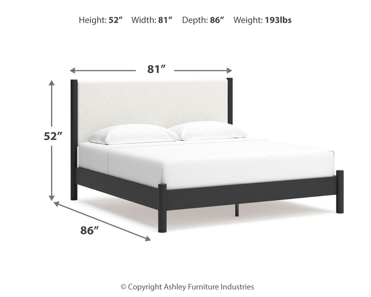 Cadmori King Upholstered Panel Bed with Dresser and 2 Nightstands in Black/White - PKG020282