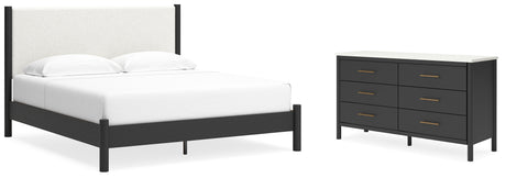 Cadmori King Upholstered Panel Bed with Dresser in Black/White - PKG020281