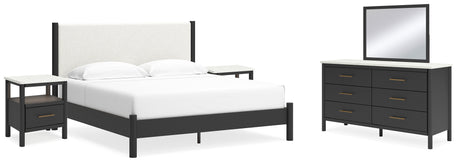 Cadmori King Upholstered Panel Bed with Mirrored Dresser and 2 Nightstands in Black/White from Ashley - Luna Furniture