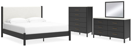 Cadmori King Upholstered Panel Bed with Mirrored Dresser and Chest in Black/White - PKG020279