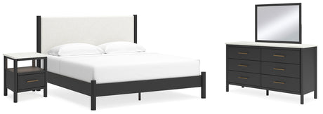 Cadmori King Upholstered Panel Bed with Mirrored Dresser and Nightstand in Black/White - PKG020278