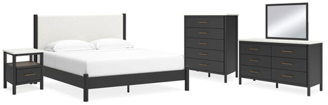 Cadmori King Upholstered Panel Bed with Mirrored Dresser, Chest and Nightstand in Black/White - PKG020280