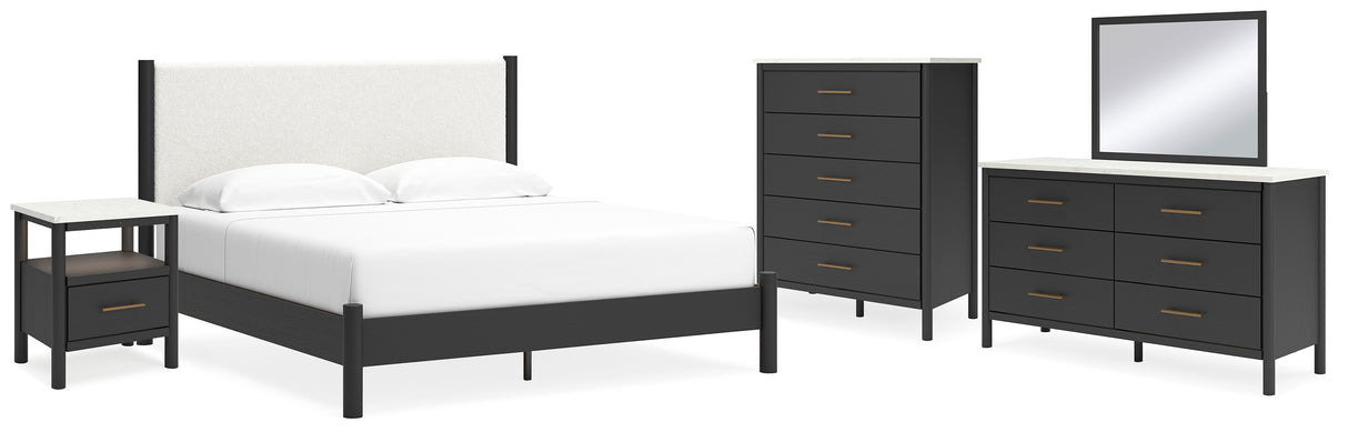 Cadmori King Upholstered Panel Bed with Mirrored Dresser, Chest and Nightstand in Black/White from Ashley - Luna Furniture