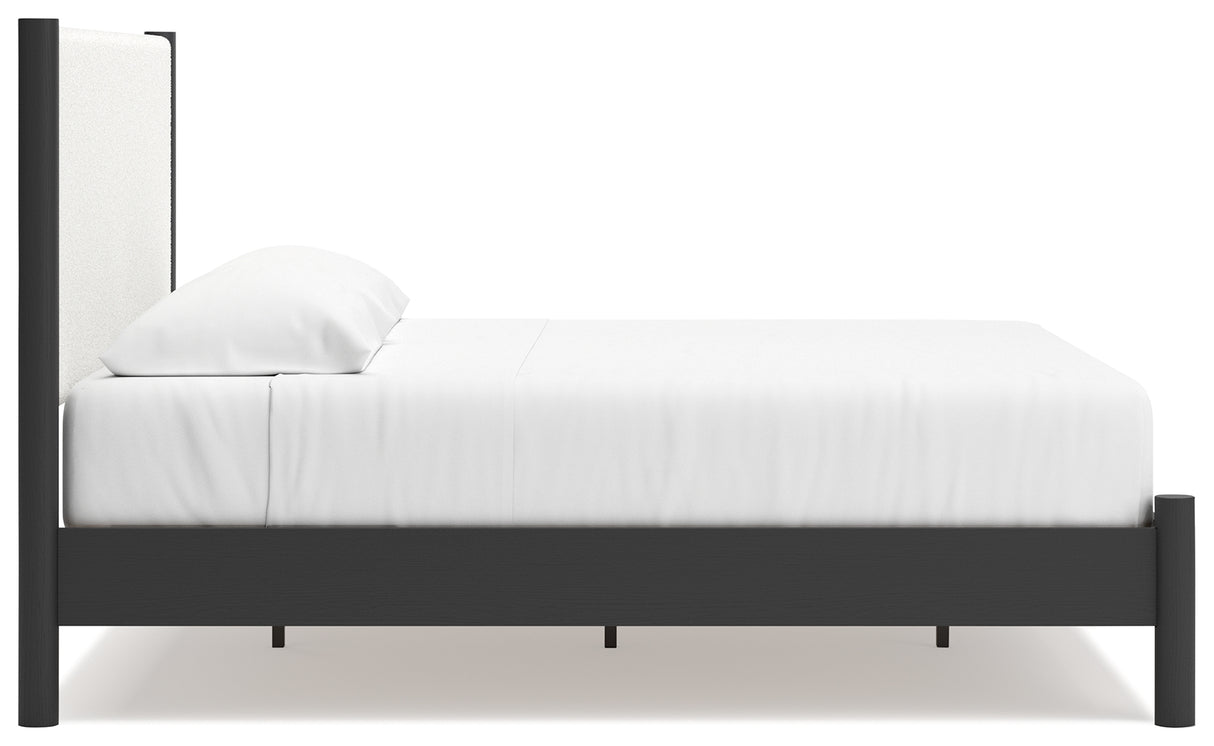 Cadmori King Upholstered Panel Bed with Mirrored Dresser in Black/White from Ashley - Luna Furniture