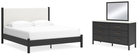 Cadmori King Upholstered Panel Bed with Mirrored Dresser in Black/White from Ashley - Luna Furniture