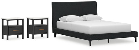 Cadmori Queen Upholstered Bed with 2 Nightstands in Black - PKG020694