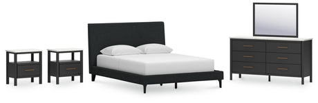 Cadmori Queen Upholstered Bed with Mirrored Dresser and 2 Nightstands in Black from Ashley - Luna Furniture