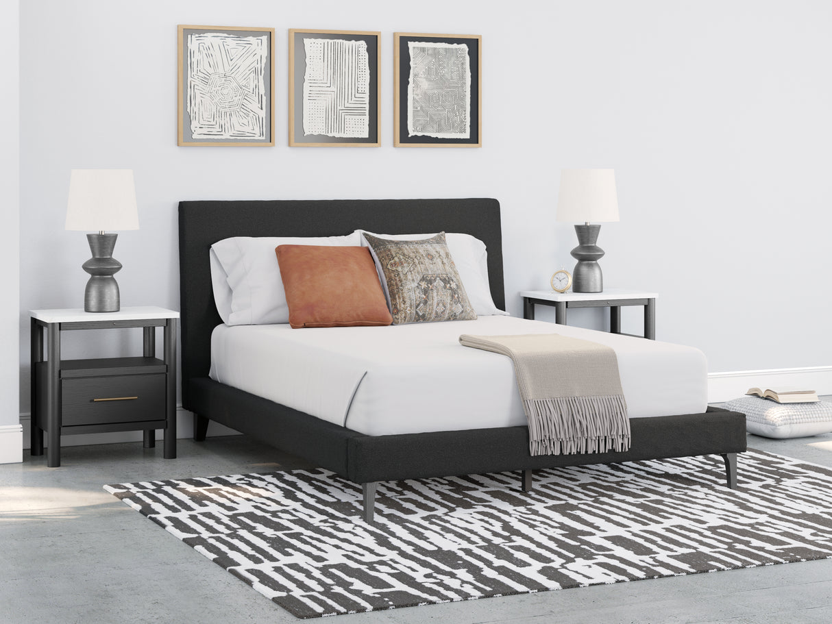 Cadmori Queen Upholstered Bed with Mirrored Dresser and 2 Nightstands in Black - PKG020688