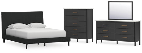 Cadmori Queen Upholstered Bed with Mirrored Dresser and Chest in Black from Ashley - Luna Furniture