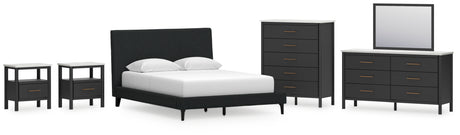 Cadmori Queen Upholstered Bed with Mirrored Dresser, Chest and 2 Nightstands in Black from Ashley - Luna Furniture