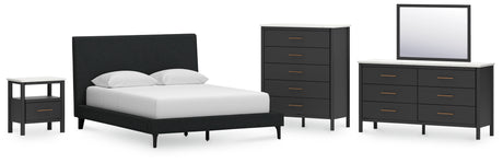 Cadmori Queen Upholstered Bed with Mirrored Dresser, Chest and Nightstand in Black from Ashley - Luna Furniture