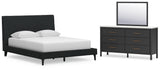 Cadmori Queen Upholstered Bed with Mirrored Dresser in Black - PKG020687