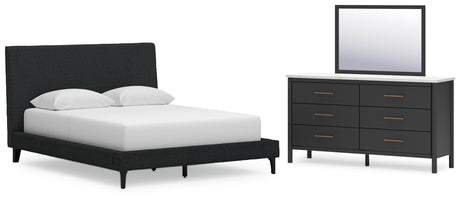 Cadmori Queen Upholstered Bed with Mirrored Dresser in Black from Ashley - Luna Furniture